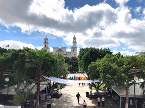 An overhead shot of downtown Merida, Mexico