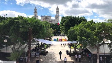 An overhead shot of downtown Merida, Mexico