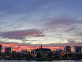 A sunset skyline view of Saskatoon.