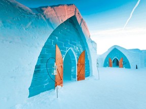 The welcoming entrance to the Hôtel de Glace. near Quebec City.