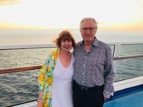Art Eggleton, Canada's former minister of National Defence and Minister for International Trade, (right) with his wife, Camille Bacchus, who are stranded with 146 other Canadians on board the MS Marina in the Pacific Ocean after ports in South America refuse to let it dock.