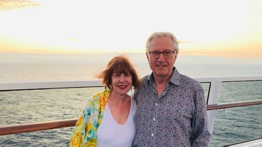 Art Eggleton, Canada's former minister of National Defence and Minister for International Trade, (right) with his wife, Camille Bacchus, who are stranded with 146 other Canadians on board the MS Marina in the Pacific Ocean after ports in South America refuse to let it dock.