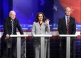 Larry David, left, as Bernie Sanders, Maya Rudolph as Kamala Harris and host Will Ferrell as Tom Steyer during the SNL Democratic Debate sketch on Nov. 23, 2019.