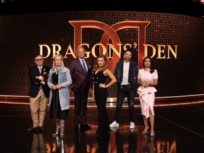 The Dragons from left: Vincenzo Guzzo, Arlene Dickinson, Jim Treliving, Michele Romanow, Lane Merrifield and Manjit Minhas.