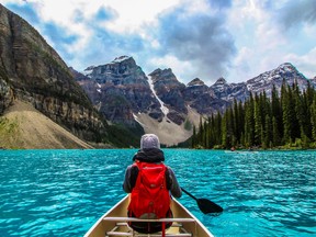 The incredible turquoise water of Moraine Lake, in Alberta’s Banff National Park, is a paddle to remember