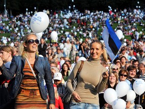 Revellers in Estonia’s capital Tallinn wave flags in 2011 to mark the 20th anniversary of the nation’s independence from the Soviet Union.
