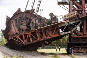 A bucket wheel excavator used in surface mining is among the pieces of machinery on display at the Oil Sands Discovery Centre in Fort McMurray, Alta.