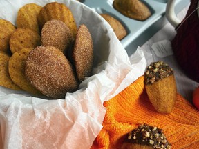 Browned butter pumpkin spice madeleines can be eaten plain, coated in cinnamon sugar, or dipped in melted chocolates and nuts.