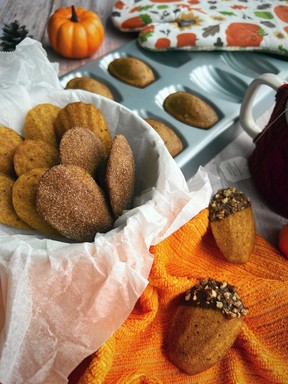 Browned butter pumpkin spice madeleines can be eaten plain, coated in cinnamon sugar, or dipped in melted chocolates and nuts.