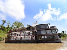 The Amatista Riverboat is a wooden vessel that sleeps 28 people in 14 cabins.