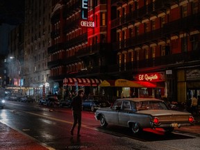 Timothée Chalamet outside The Hotel Chelsea in A Complete Unknown.