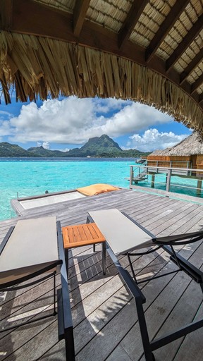 The view from our overwater bungalow deck at Le Bora Bora by Pearl Resorts.