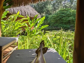 A serene space at the Tavai Spa, overlooking a lush garden suspended above a giant lily pond.