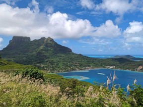 A view of Mount Otemanu on the summit of Mount Pahia on Bora Bora.