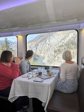 An image of the dining area views on the Rocky Mountaineer Journey Through the Clouds train trip in the Canadian Rockies in Canada.