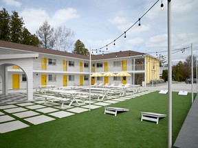 The courtyard at the South Beach Motel in Southampton, Ontario has a games area and plenty of seating.