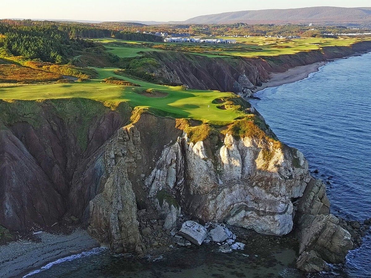 The 16th hole at Cabot Cliffs — rightfully considered one of the world’s great par-3s on the stunning, wave-lashed shores of Nova Scotia.
