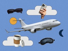 An illustration showing a plane, phone, sleep mask, coffee and sunglasses
