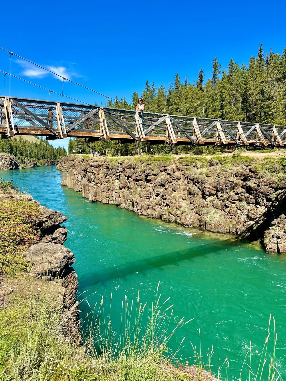 A view of the glacial green water that flows through Miles Canyon in Whitehorse.