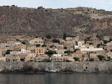 Monemvasia is a medieval fortress town into the side of a massive rock along the Peloponnese coast.