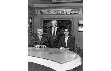 1991 photo of CTV News and weather anchors L-R, Max Keeping, J.J. Clarke and Carol-Anne Meehan. Photo by Horan Photography