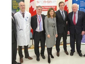 From left, Dr. Shawn Aaron, Dr. Duncan Stewart, Health Minister Rona Ambrose, Dr. Jeff Healey and heart patient Hugh Winsor photographed at the Ottawa Hospital Rehabilitation Centre on Monday where Ambrose was announcing funding for three national health research networks.
