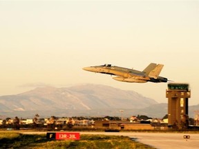 A CF-188 Hornet from 425 Tactical Fighter Squadron in Bagotville takes off toward the Mediterranean Sea from Trapani, Italy in March 2011 as part of the Canadian contribution to the Libya mission.