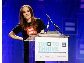Actress Ellen Page comes out as gay at the Human Rights Campaign's Time to Thrive Conference, on Friday, February, 14, 2014 in Las Vegas.