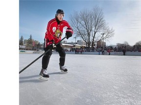 Kyle Turris skates over some rough ice as the Ottawa Senators practice on an outdoor rink at Jules Morin Park on York St.