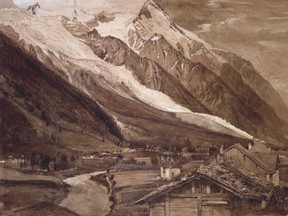 The Glacier des Bossons, Chamonix  (1849, pen and wash in sepia ink and bodycolour over graphite on wove paper; 33.8 × 47.7 cm), by John Ruskin, at the National Gallery of Canada. (The Ashmolean Museum, Oxford.)