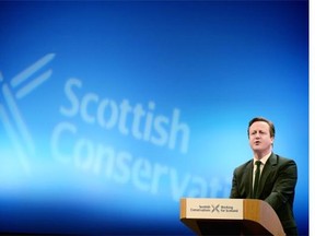 British Prime Minister David Cameron gives his speech to the Scottish Conservative party conference on March 14, 2014 in Edinburgh, Scotland. The prime minister opened his party’s Scottish conference by warning delegates that a yes vote in the September independence referendum would tear apart the UK family of nations.  (Photo by Jeff J Mitchell/Getty Images)