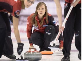 Canada skip Rachel Homan delivers a rock against Switzerland in the gold-medal game at the Ford World Women's Curling Championships in Saint John, N.B. on Sunday, March 23, 2014.