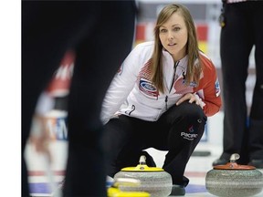 Canada skip Rachel Homan of Ottawa watches a rock during Tuesday’s game against Latvia in the world women’s curling championship.