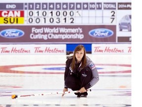 Canada skip Rachel Homan watches a rock as they play Switzerland at the Ford World Women's Curling Championships in Saint John, N.B. on Sunday, March 16, 2014. Canada lost 8-2 in nine ends.
