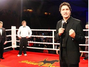 Former ‘white-collar’ boxing champ Justin Trudeau addresses the audience at the Fight for the Cure charity boxing gala held at the Hilton Lac Leamy on Saturday in support of the Ottawa Regional Cancer Foundation.