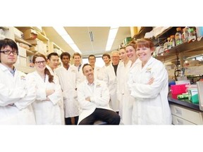 From left, Junichi Sakamaki, Courtney Reeks, Andy Ng, Yasir Mohamad, Matt Norton, Qiujiang Du, Matt Gaetz, Stephen Baird, Elian Barras, Karine Robitaille, Joanne McBane and, seated, Rob Screaton. Screaton and researchers at CHEO have found a pathway that might eventually help prevent people with pre-diabetes from developing Type 2 diabetes.