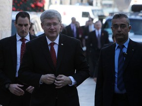 Canadian Prime Minister Stephen Harper (C) arrives to visit the Nativity Church on January 20, 2014 in the West Bank city of Bethlehem. Harper is expected to continue his first official visit to Israel with an a address to the Knesset Israeli parliament before talks with Palestinian president Mahmud Abbas in Ramallah.   AFP PHOTO   MUSA AL-SHAERMUSA AL-SHAER/AFP/Getty Images
