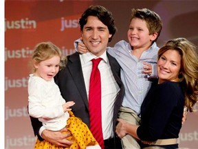 Justin Trudeau, his wife Sophie Gregoire and children Xavier and Ella-Grace celebrate his Liberal leadership win last year. Everyone assumed Trudeau would be leader someday, but not long ago it was hoped that ‘someday’ would be years from now.
