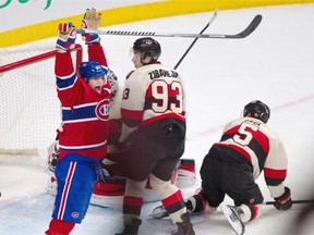 Montreal Canadiens left wing Max Pacioretty celebrates the winning the goal against the Ottawa Senators during NHL overtime action at the Bell Centre in Montreal on Saturday March 15, 2014.