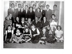 A photo of the Bleakney family (1953) includes Meredith Gowling's grandmother, Ruth (second from left in the second row) and infant baby Heather, both of whom died from measles complications. Gowling's mother, Mariette, about 16, stands beside her grandfather, Bruce (first on the left), while her Uncle Bruce, about five, sits in the front row, second from the right.