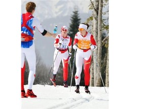 Ottawa cross-country skier Margarita Gorbounova follows guide Andrea Bundon in the cross-country classic ski women’s 15-kilometre visually impaired event at the 2014 Paralympic Winter Games in Sochi Russia.