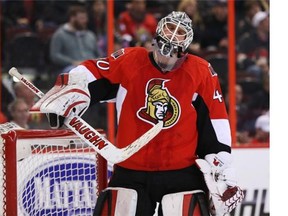 Robin Lehner of the Ottawa Senators shows his dejection after letting in a bad fourth goal by the New York Rangers during second period of NHL action at the Canadian Tire Centre in Ottawa, March 18 2014.