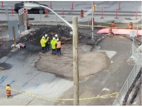 Those building Ottawa’s light-rail system are blaming a ‘previously excavated construction pit’ for the sinkhole that developed at Waller Street near Laurier Avenue.