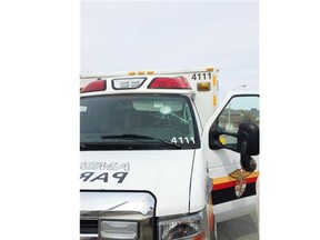 An apparent road-rage attack on an ambulance Monday afternoon left its windshield smashed near Central Park Drive and Staten Way in the city’s west end.