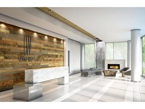 The contemporary lobby is accented by a signature feature wall and includes a lounge area with fireplace.