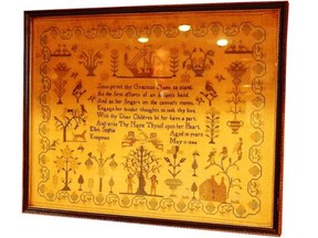 Embroidery works called samplers were created by young girls as part of their education. This one dates to 1844.