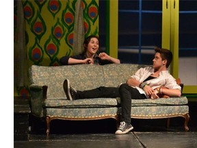 Miranda Sherell, performs as Gertrude (L), Jeff Patterson, persorms as Larry (R), during Ridgemont High School's Cappies production of  Break a Leg, on Apr. 03, 2014, in Ottawa, Ont.
