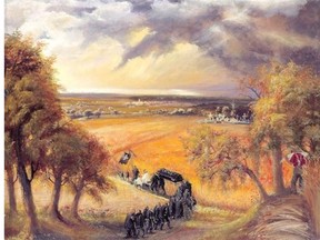 Death stalks the homeland in Dix’s Cemetery (Funeral Procession through Summer Landscape), in which a casket is carried through countryside, watched by a farmer holding Grim Reaper’s scythe.