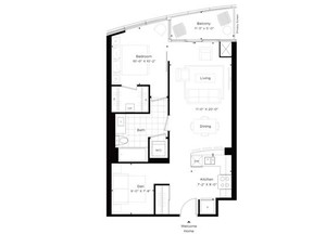 Floor plan of the Cole, a 717-square-foot, one-bedroom-plus-den unit at Minto’s UpperWest.