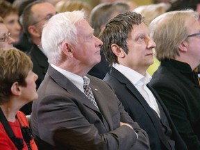 Governor General David Johnston (left) awarded the 10th Glenn Gould Prize to Robert Lepage (right) at Rideau Hall in Ottawa, March 31, 2014.
